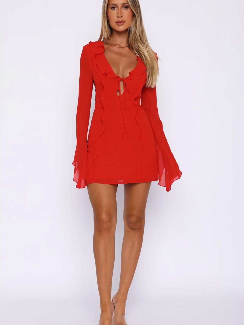 White Fox Boutique Red Ruffle Tie-Front Mini Dress